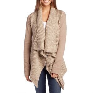 Prana Taupe Draped Open-Front Cardigan with Ribbed Knit Panels